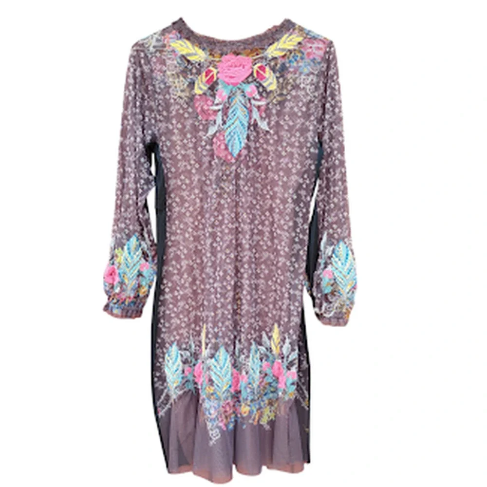 BIYA JOHNNY WAS | Embroidered Floral Sheer Mesh Long Sleeve Dress Knee Length S